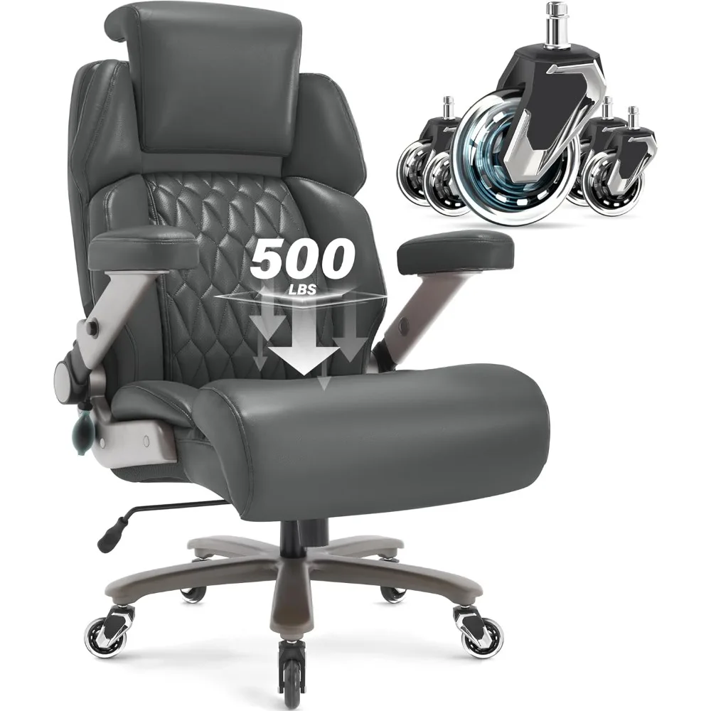 

Big and Tall Office Chair- Adjustable Headrest&Lumbar Support, 3D Flip Arms, Large Wheels &Heavy Duty Metal Base