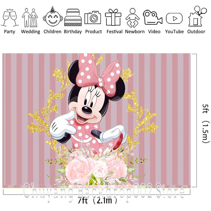 Disney Gold Pink Glitter Minnie Mouse Backdrop Party Supplies Flower Photography Backdrop Birthday Background Girls Decoration