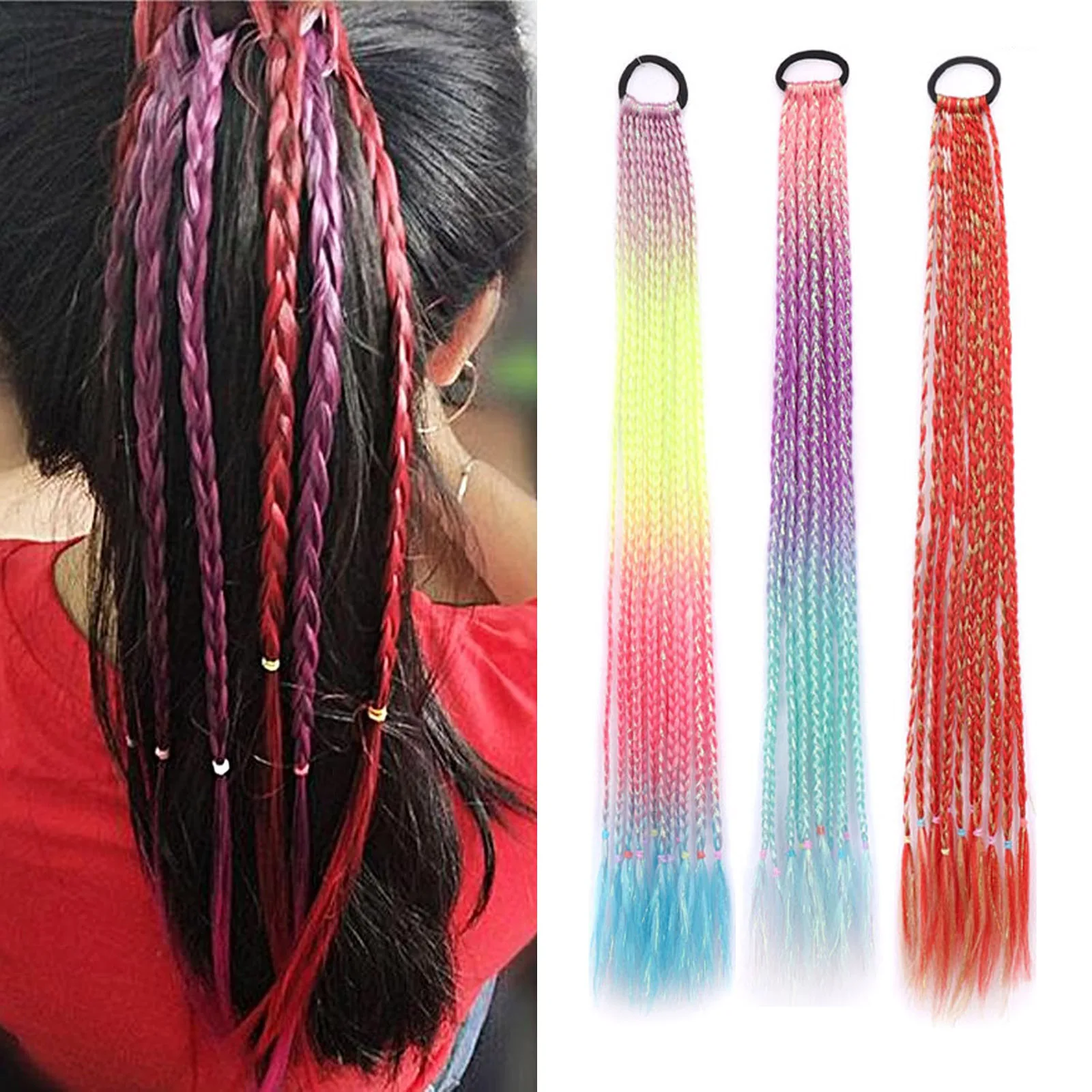 

Synthetic Ponytail Extension Hair with Rubber Bands Rainbow Braided Colorful Wigs Colored Braids for for Girls Kids Women