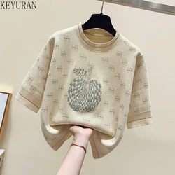 Yellow Embroidery Knitted T-Shirt Women 2024 Summer Short Sleeve O Neck Knitwear Tops Tees Casual Loose T Shirts for Women