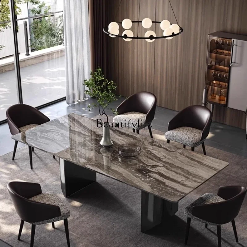 

01 yj19 Italian-style Light Luxury Natural Marble Dining Table Modern Minimalist Household Rectangular Dining Table