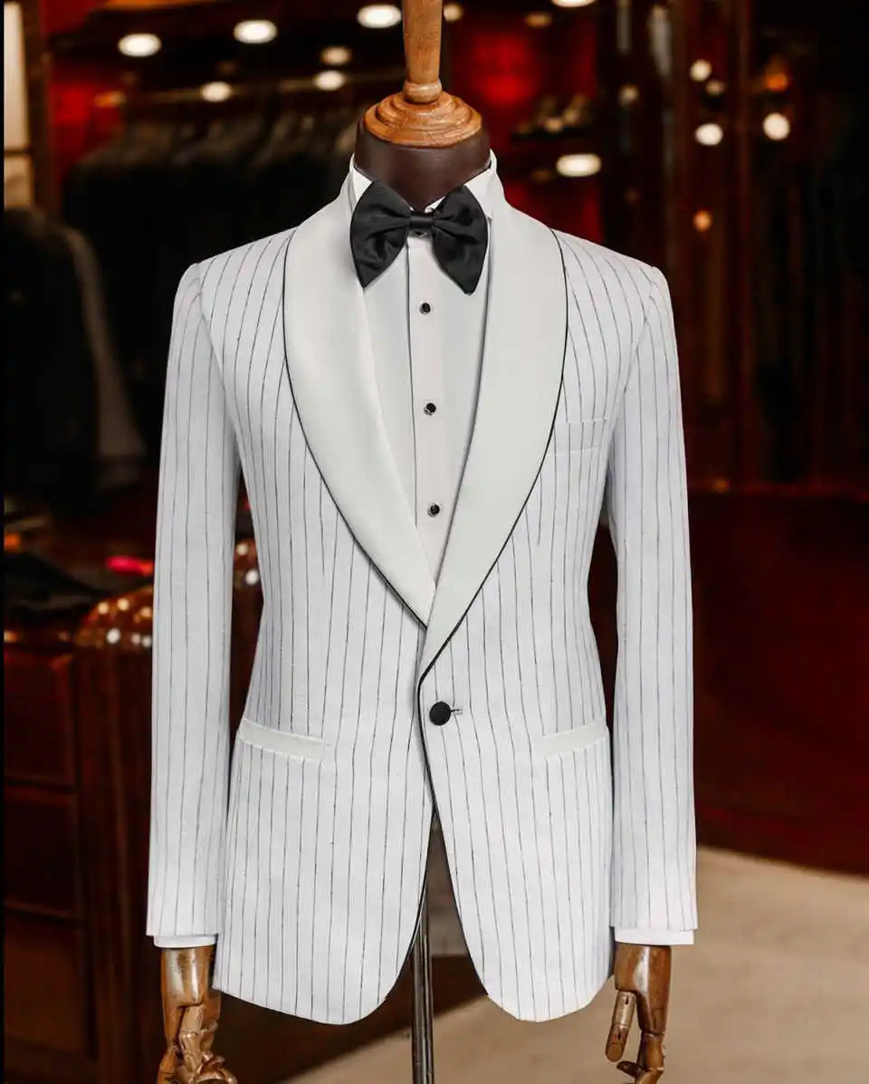 ピンストライプ メンズ ウェディング ブレザー ショール ラペル ジャケット シングルブレスト タキシード ビジネス パーティー スリム フィット 新郎着用のみコート