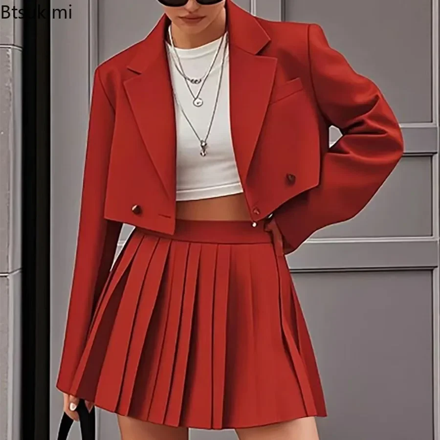 2025 Women's Summer Casual Two-Piece Skirt Sets Pleated Skirts Suits for Women Office Ladies Solid Color Commuting Suit Female