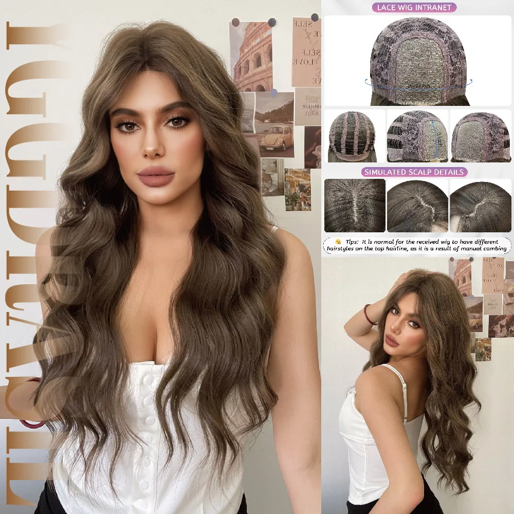

28Inch Classic Style Light Brown Synthetic Lace Wigs Middle Part Long Curly Lace Front Hair For WomenDaily Use Heat Resistant