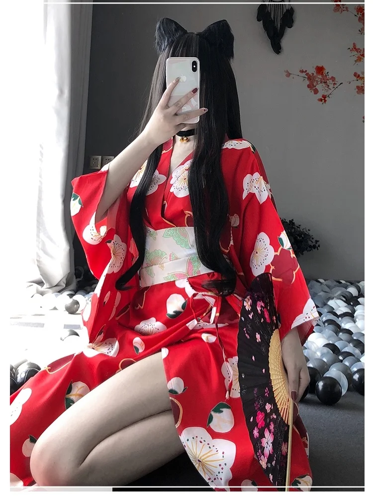 

Sexy Kimono Style Robe Set Weisil Retro Sensual Sleepwear Long Sleeve round Neck Print Loose Fit Home Clothes for Youth Women