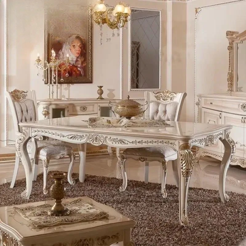 European Neoclassical Dining Table and Chair Set Large Rectangular Solid Wood Carved French Style for Dining Room Furniture