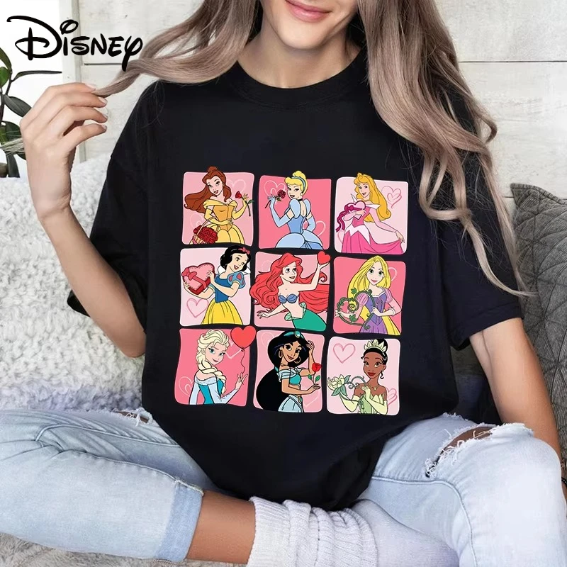 Summer New Plus Size Disney Princess Printed T-shirt Women's Y2K Fashion Retro Harajuku Loose Casual Versatile Short-sleeved Top