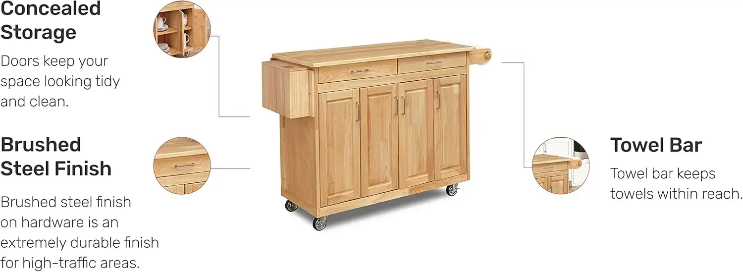 Carrello mobile da cucina Homestyles General Line con barra per colazione Drop Leaf, larghezza 54 pollici, legno duro naturale, MORATURA