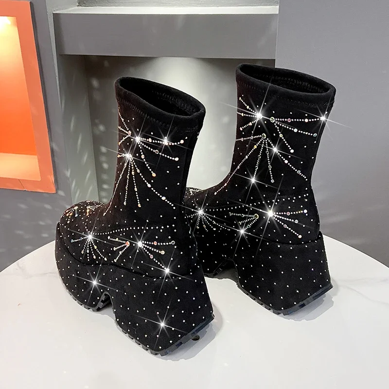 High-end Stretch Rhinestone Short Boots Women Autumn Winter  Style Fashion Thick Soled Comfortable Boots Party Casual Shoes