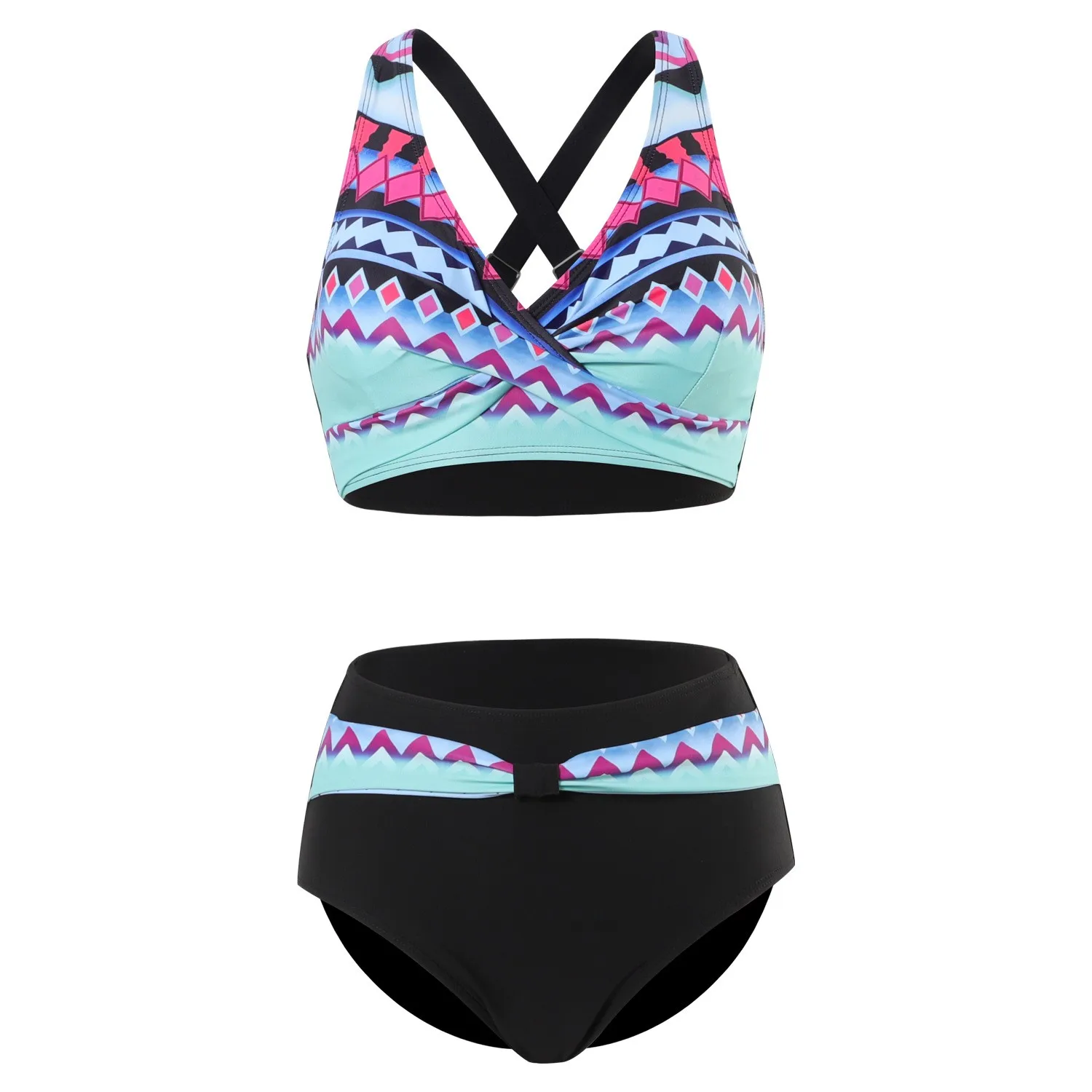 Conjunto de biquíni feminino estampado geométrico, moda praia sexy push up, roupa de banho de duas peças, verão, 2024