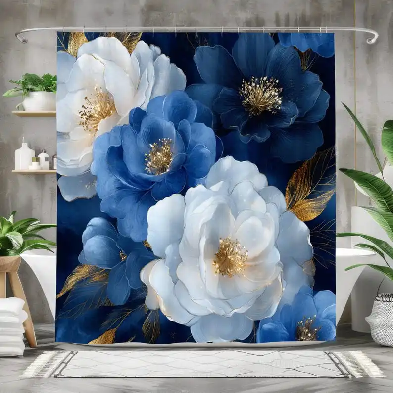 

Elegant Blue Floral Shower Curtain - Waterproof Fabric Bath Curtain, Navy and White Flower Bathroom Decor Accessory Gold Accents