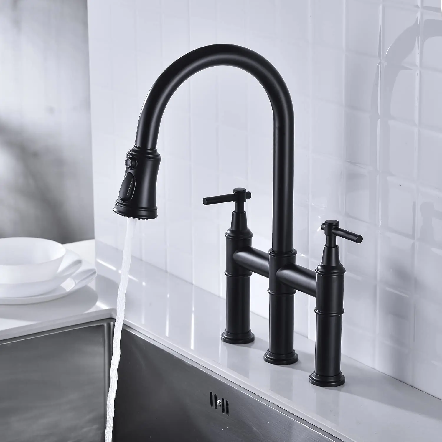 

Transitional Bridge Kitchen Faucet with Pull Down Sprayer,3 Hole 2 Lever Handles Sink Kitchen Faucet,Aerated Stream and Spray