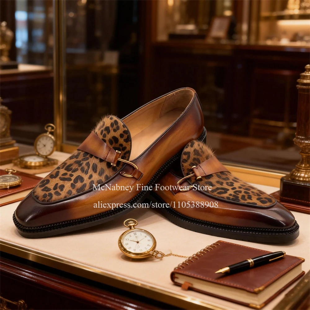 Brown Genuine Leather Leopard Horsehair Penny Loafers Round Toe Slip on Men Formal Shoes Luxury Wedding Gentlemen Dress Shoes