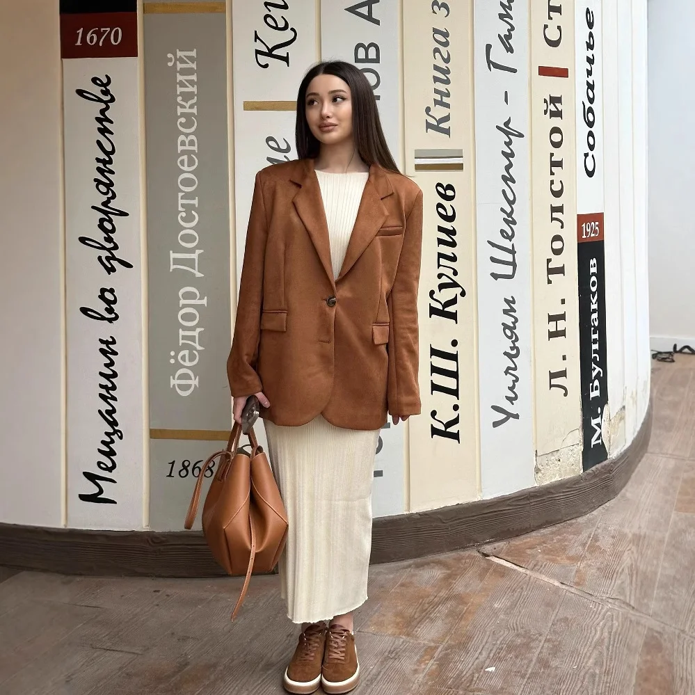 Tesco Casual Women Coat Light Brown Notch Lapel Single Breasted Jacket Flap Pocket Women's Blazer 2025