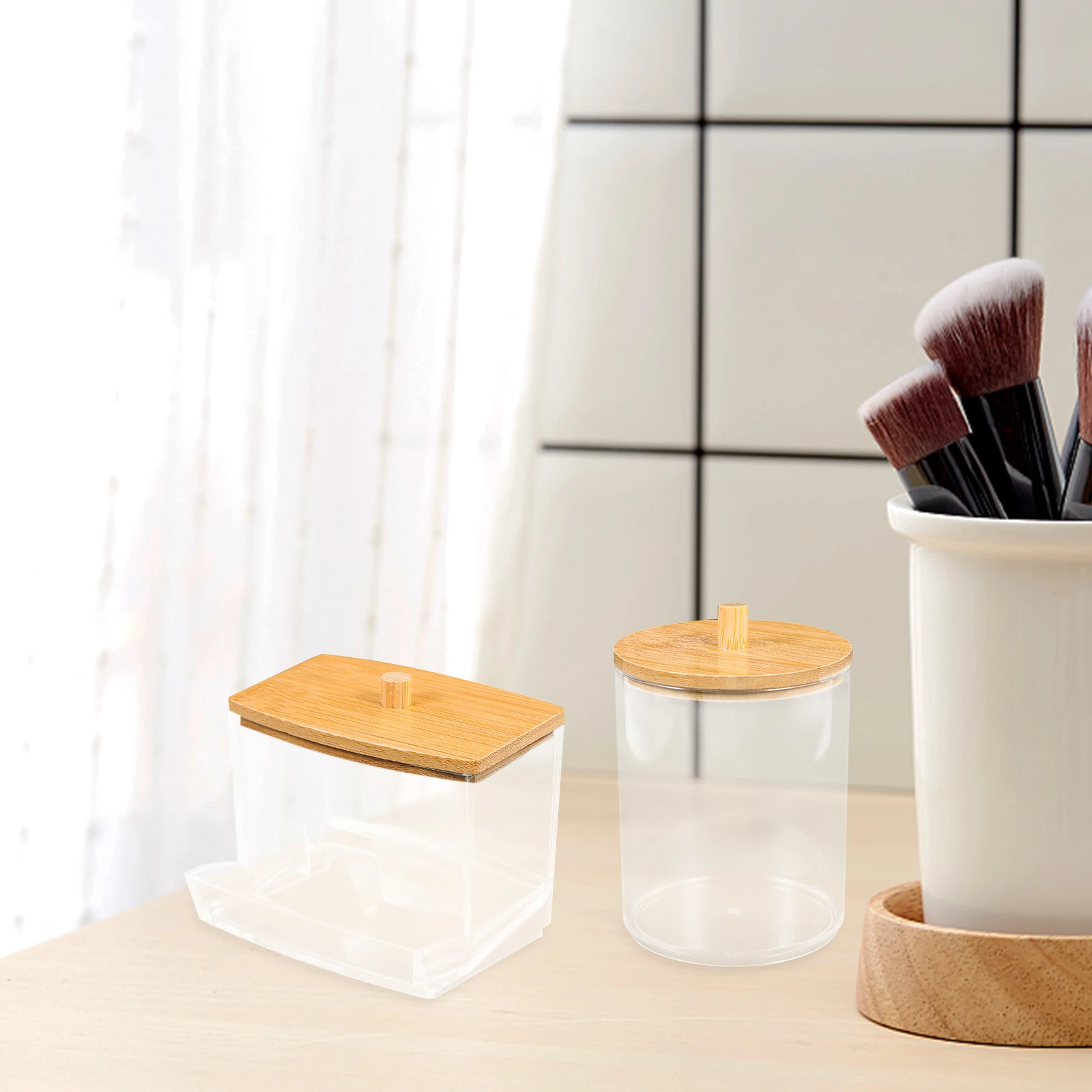 

Cotton Swab Holder Bamboo Lid Small Clear Storage Box Makeup Pads Dispenser Toothpicks Organizer Bathroom Jar Cotton Swab Jars