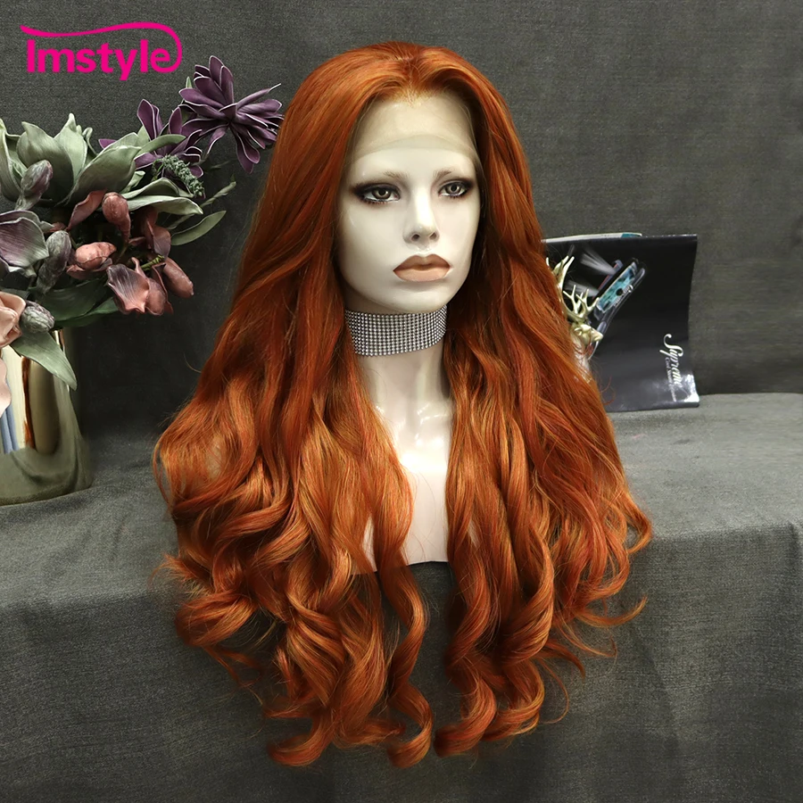 Imstyle Ginger Wig Synthetic Lace Front Wig Orange Mixed Color Long Wavy Wig Heat Resistant Fiber Cosplay Wigs For Women