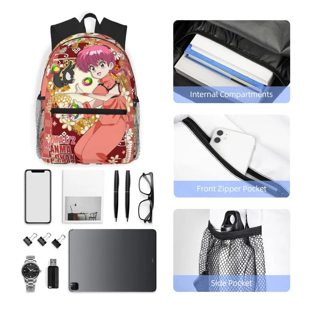 Ranma 1/2 Saotome Pig Girls حقيبة ظهر مدرسية للمشي لمسافات طويلة والسفر Daypack للبنين بنات موضة حقيبة الكتب حقائب الكتف