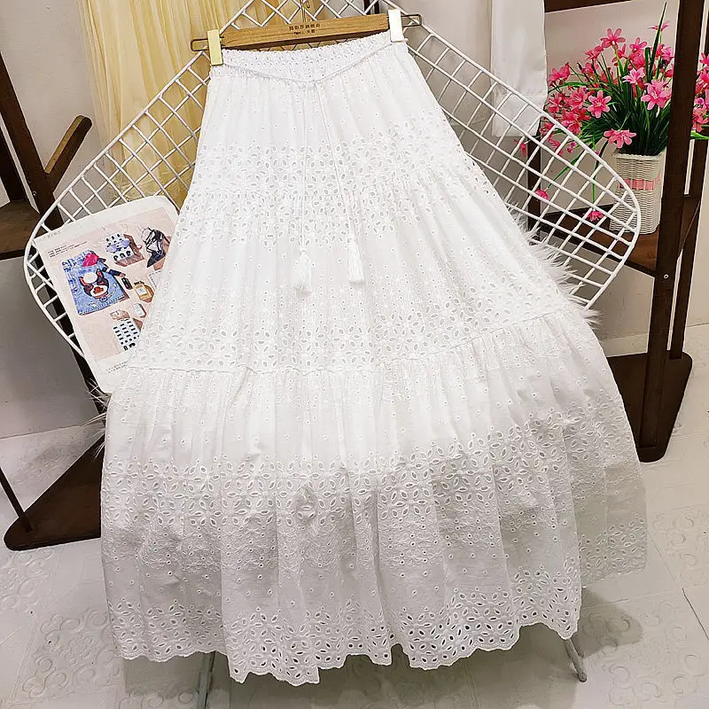 2024 Crochet Hollowed Out Lace Skirt for Women Spring Summer Elegant Solid All-match A Line Belt High Waist Midi Long Skirt