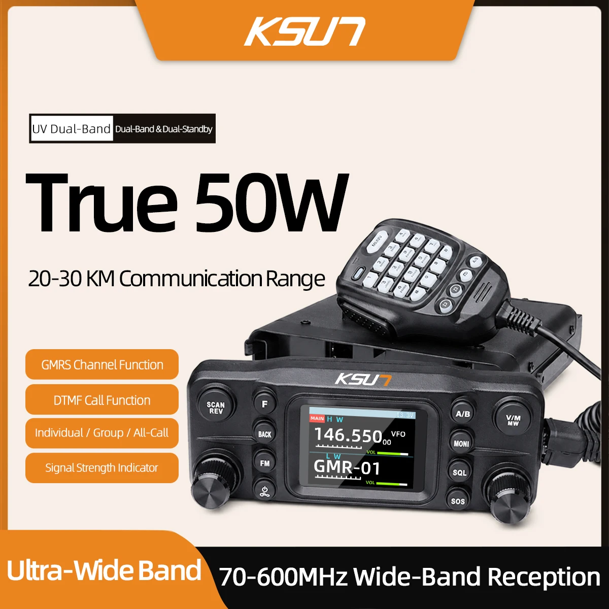 UV5800D Mobile Radio 50W VHF/UHF Dual Band Remote Head Detachable Panel 2.0 Inch TFT Display Signal Strength GMRS