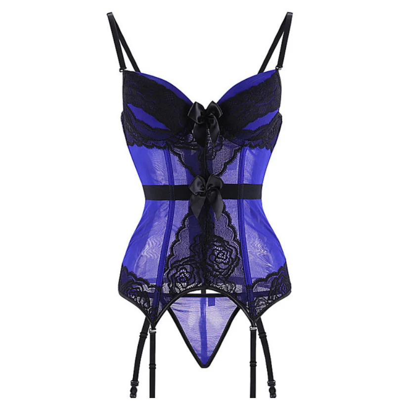 Plus Size Corset Lingerie Lace Floral Transparent Padded Cup Corsets Straps Underwear Bowknot Corset Bustiers With Suspenders