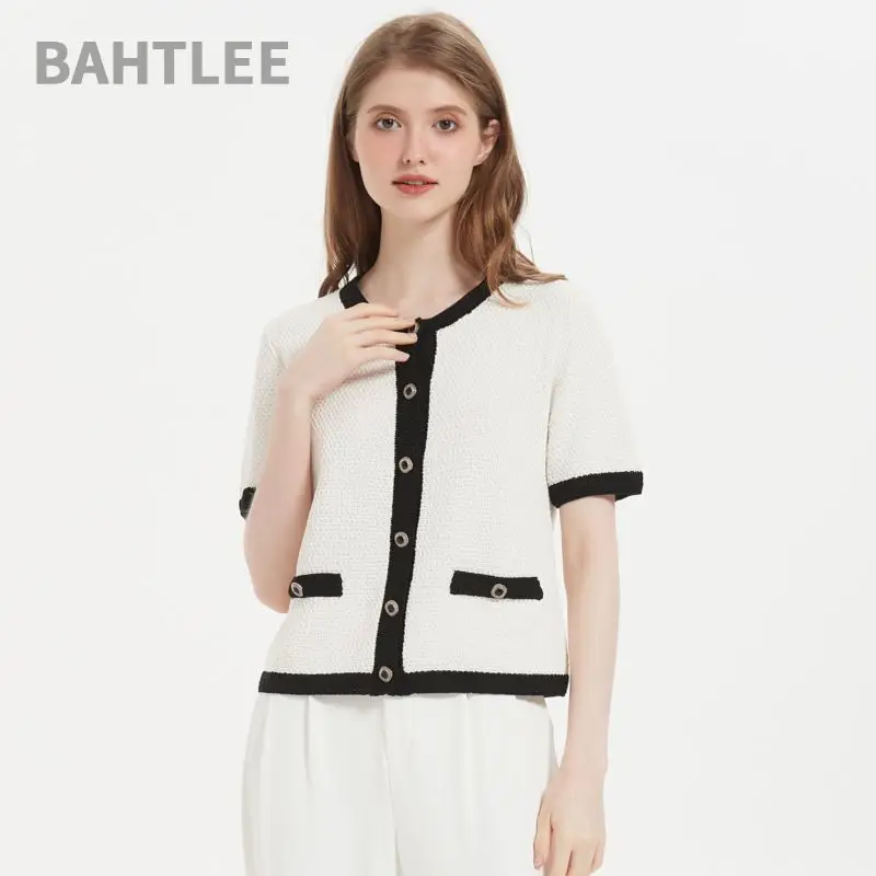 BAHTLEE-Women\'s Linen Short Sleeve O-Neck Cardigan with Button, Knitted Sweaters, Breathe Freely, Short Style, Summer