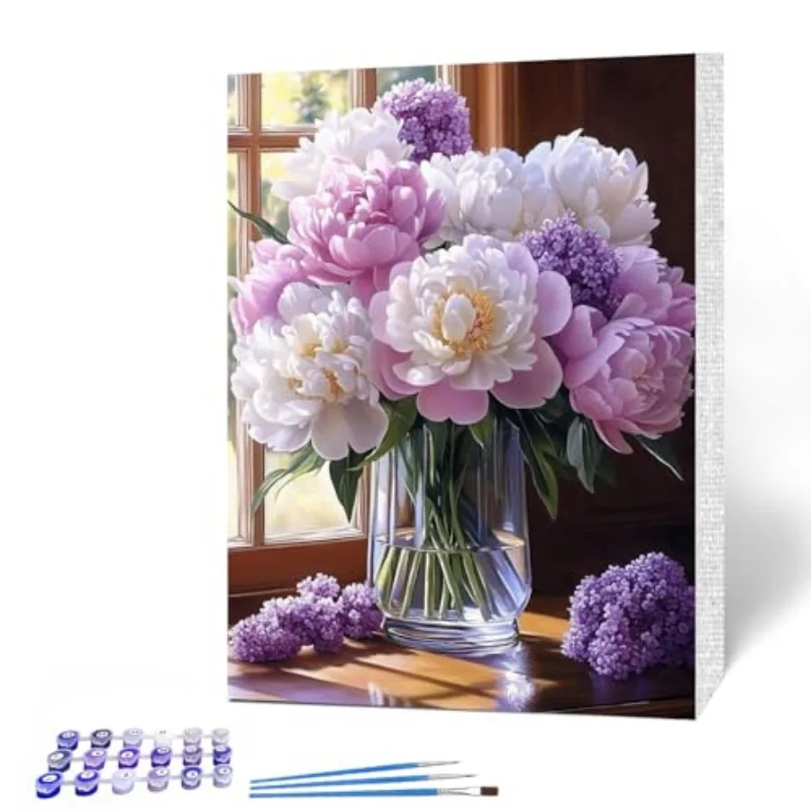 Flowers Paint by Numbers Kits for Adults Beginners with Wooden Frame, Easy Canvas Paint by Numbers Windowsill Flowers, DIY Oil