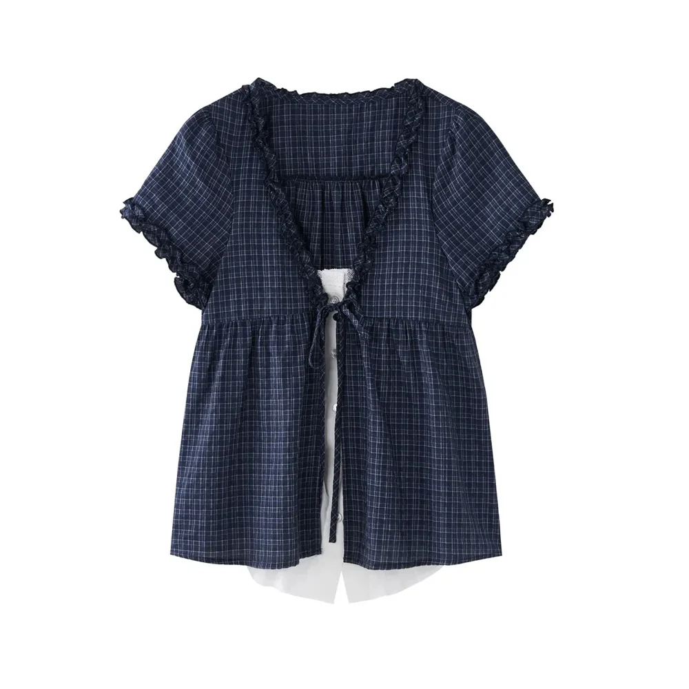Y2K Karierte Bluse für Damen mit Rüschenbesatz und Spitzenverzierung, Kurzarm, Vordere Bindung, Sommerliche Lässige Süße Kawaii Tops, Modische Ästhetische Bluse – Detail 8