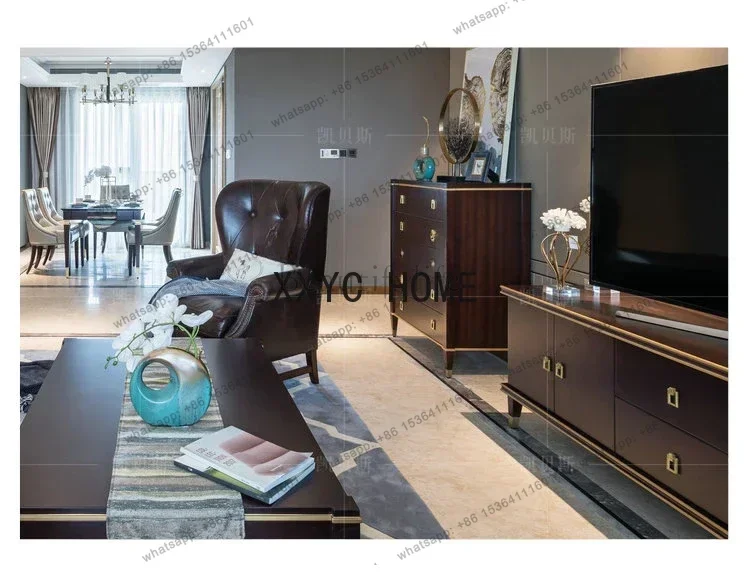 American Light Luxury TV Cabinet and Tea Table Combination 2 M New Chinese Floor Cabinet Locker Brown