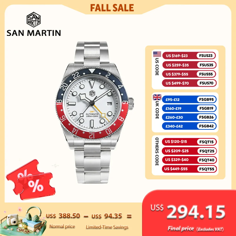 San Martin 39mm 6460 GMT Men Luxury Automatic Mechanical Watch Bidirectional Aluminum Pepsi Bezel Waterproof 10Bar 3H SN0109