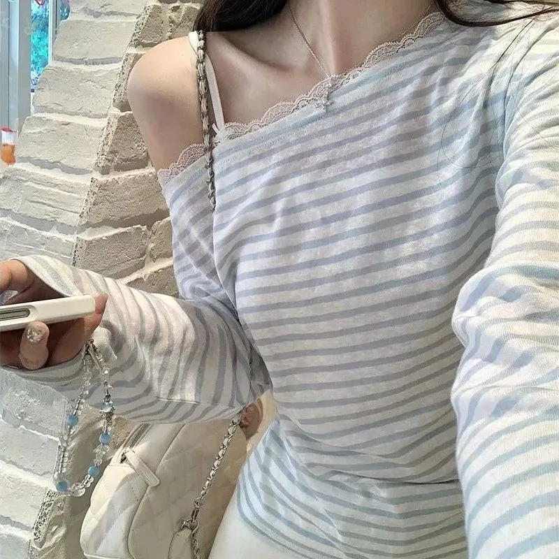 Autumn Stripes Lose T-shirt Women Sexy Lace Korean Fashion Tops Tees Shirt Kpop Vintage Y2K Cute Cheap Clothes Woman Tshirt