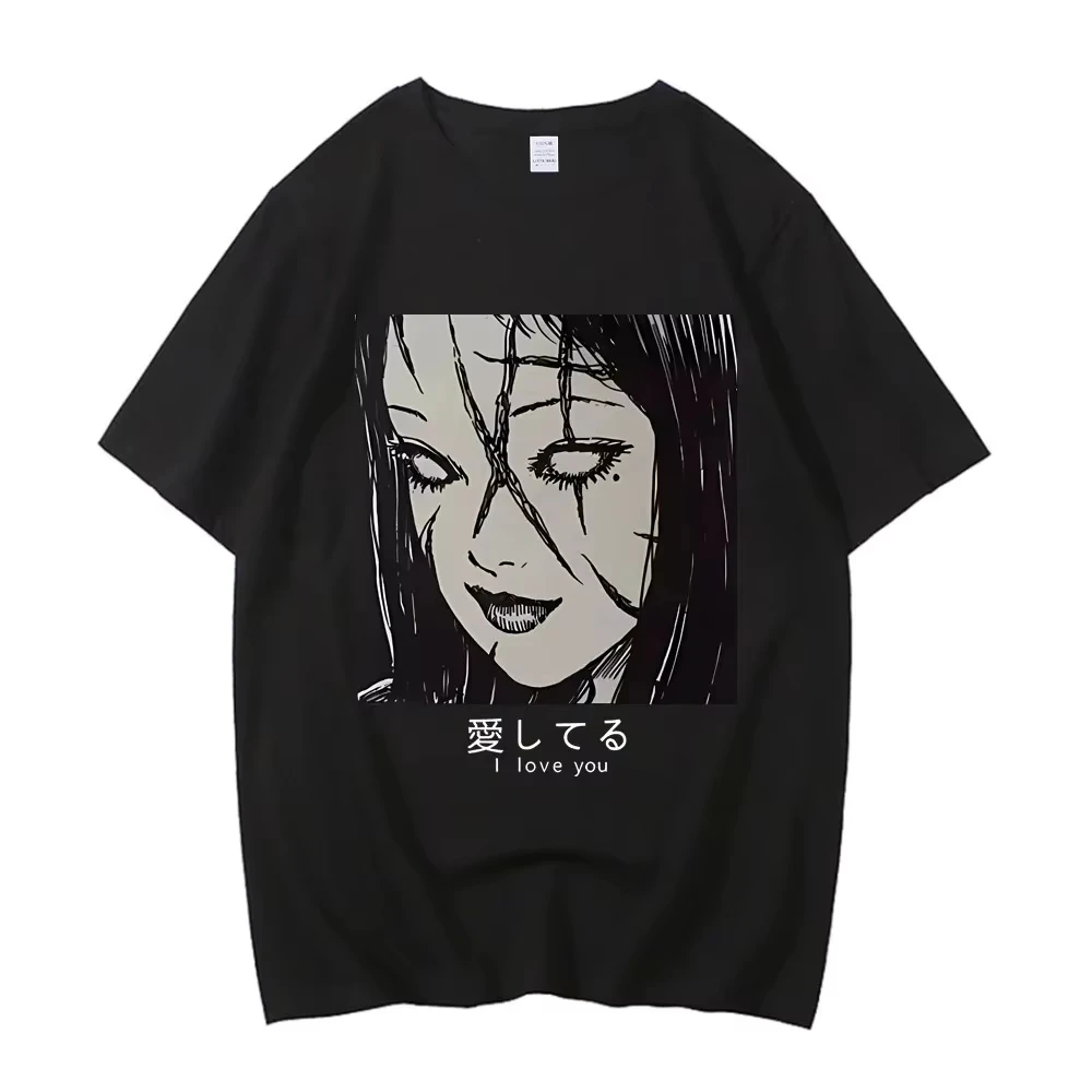 Junji Ito Trendy T-shirt with 80s College Style Print, Men's Color Aesthetic Tee, 2000s Punk Pastel Cute Anime Top T-Shirt