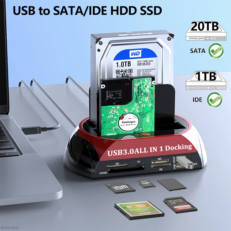 USB to SATA IDE HDD SSD Docking Station with 12V Power Adapter for 2.5/3.5 Inch HDD/SSD TF Card Hard Drive Station