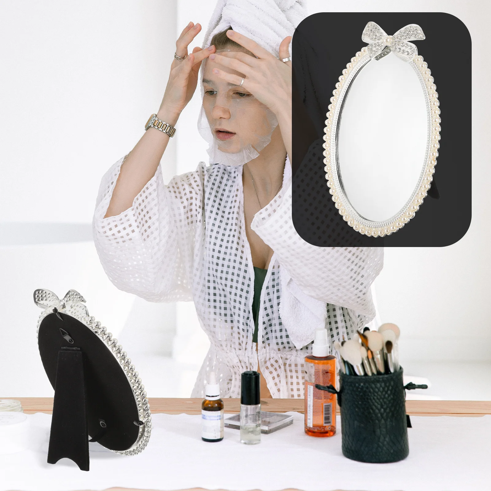 Europäischen Stil Desktop Make-Up Spiegel Chic Elegante Perle Dekoration Kommode Spiegel Retro Nordeuropäischen Dekor