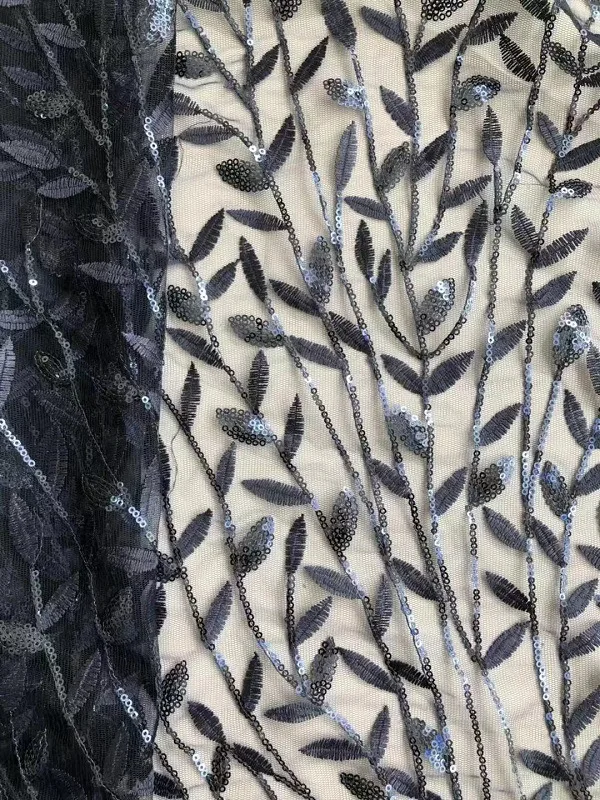 2 Meter/Los. Gestickter Spitzenstoff mit Weidenblättern, Netzstickerei, farbig gewebter Schilfrohrgrasstoff, RS24566 – Detail 4