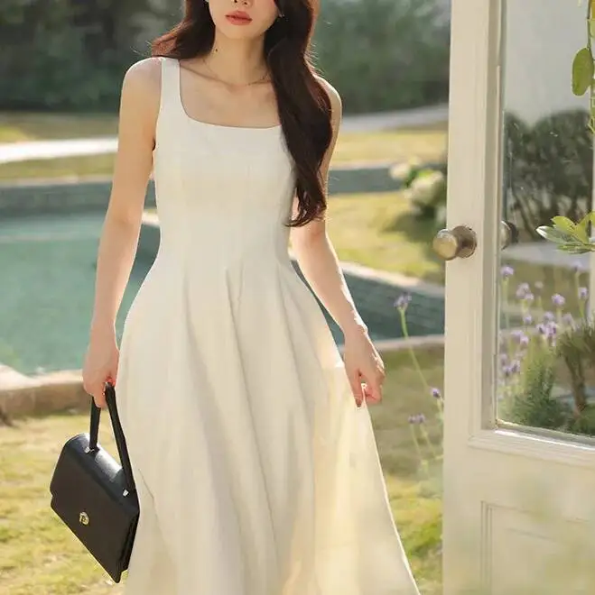 

French Style Square Collar Strapless Women's Spring Summer Slimming High Waist Long White Dress Commute Elegant
