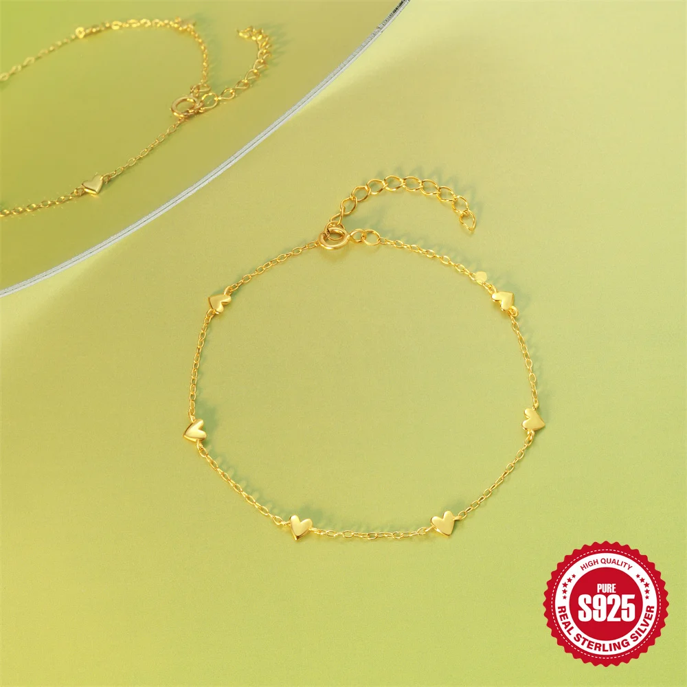 

Браслет-цепочка из стерлингового серебра 925 пробы с подвеской в виде сердца, милый браслет с сердечками, изящный подарок на День святого Валентина для женщин