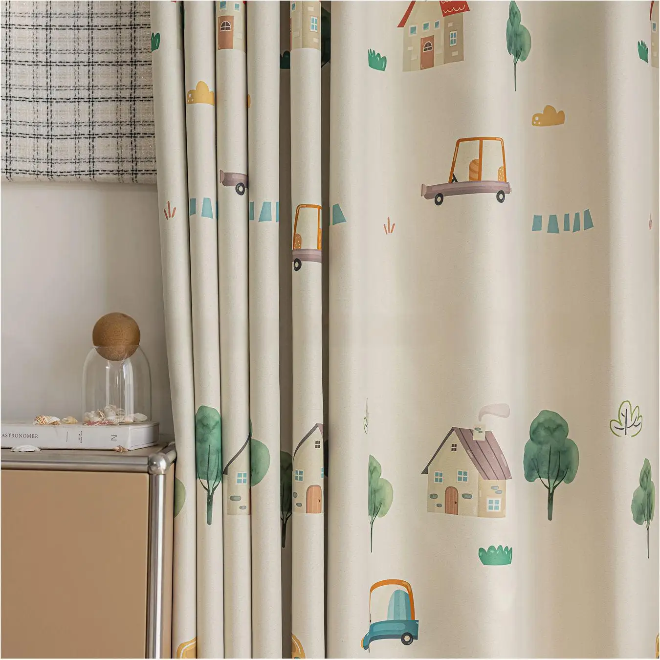 1Pc,Cartoon Cute Print Rainbow Cabin Pattern Semi-Blackout Children's Curtains For Boys and Girls Bedroom ,Living Room Decor