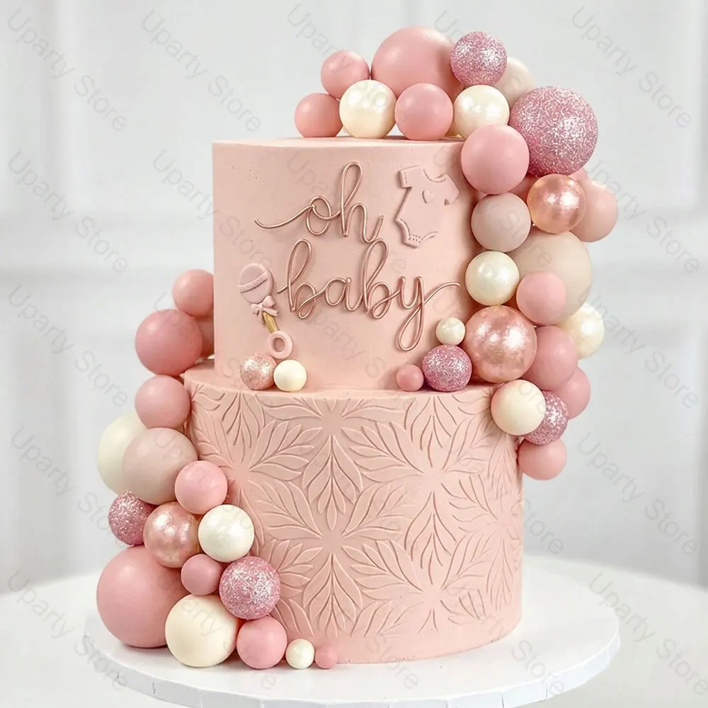 55 Piezas de Adornos para Pastel en Forma de Bola Rosa, con Brillantina, Color Oro Rosa, Rosa Claro y Nude, para Decoración de Pasteles de Cumpleaños, Baby Shower y Bodas