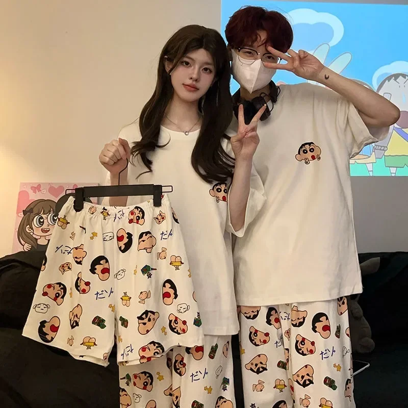 Anime novo crayon shin chan casal pijamas de algodão manga curta calças compridas bonito dos desenhos animados roupas para casa conjunto de três peças presente de aniversário
