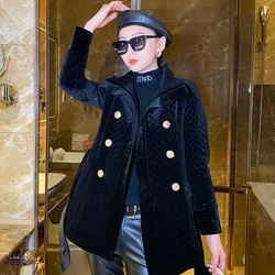 velvet cotton coat women's mid-length plaid black diamond coat quilted coat