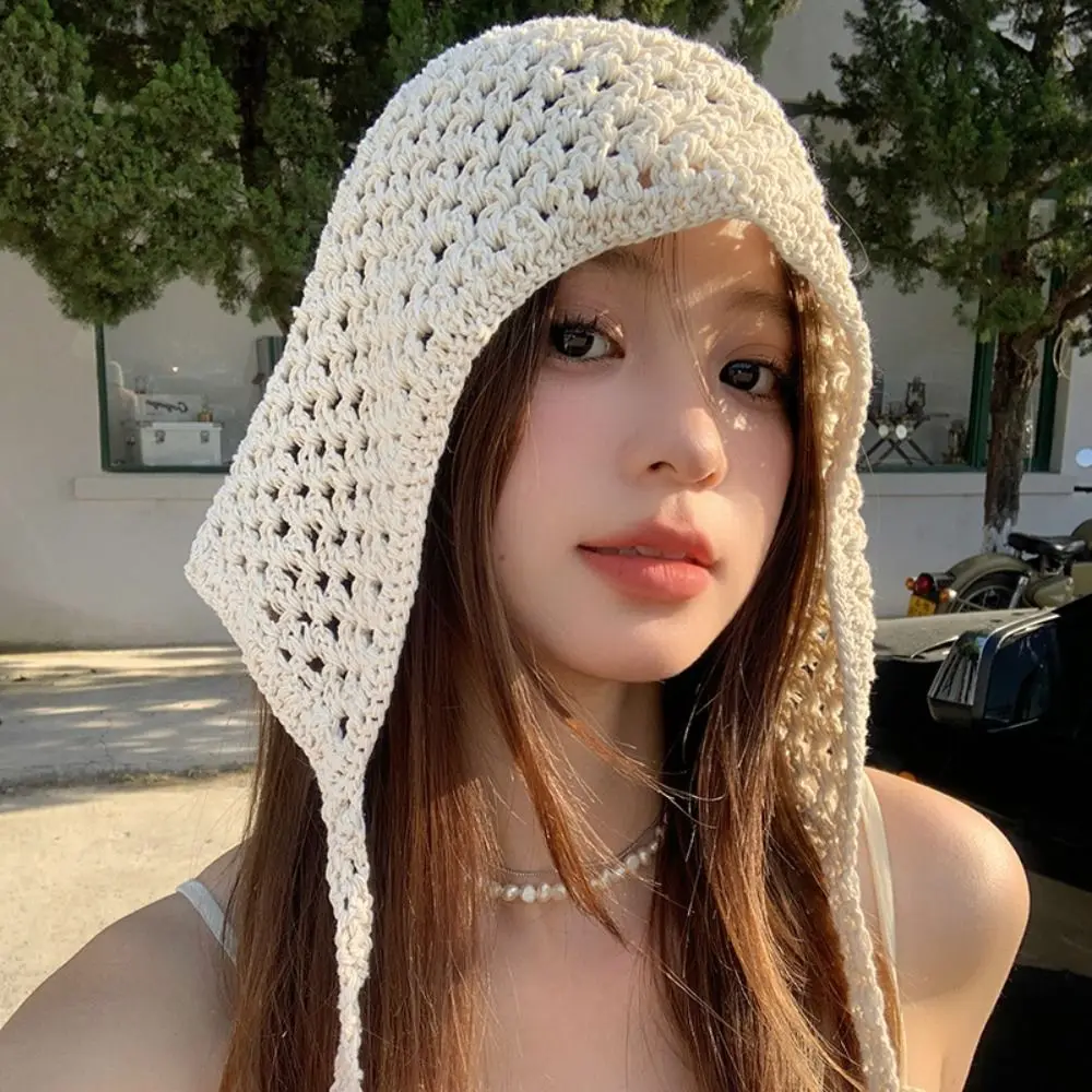 

Sweet Handmade Knitted Triangular Towel Lace-up Hollow Crochet Hat Breathable Solid Color Beanie Hat