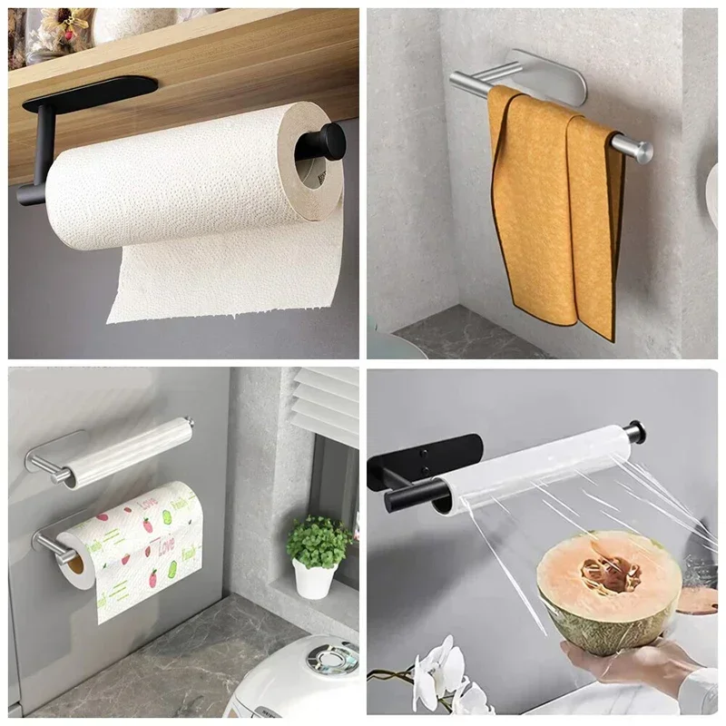 Black Self Adhesive Toilet Paper Holder, No Punching Wall Mount Roll Hanger for Bathroom Tissue, Kitchen Towel, or Home Vanity