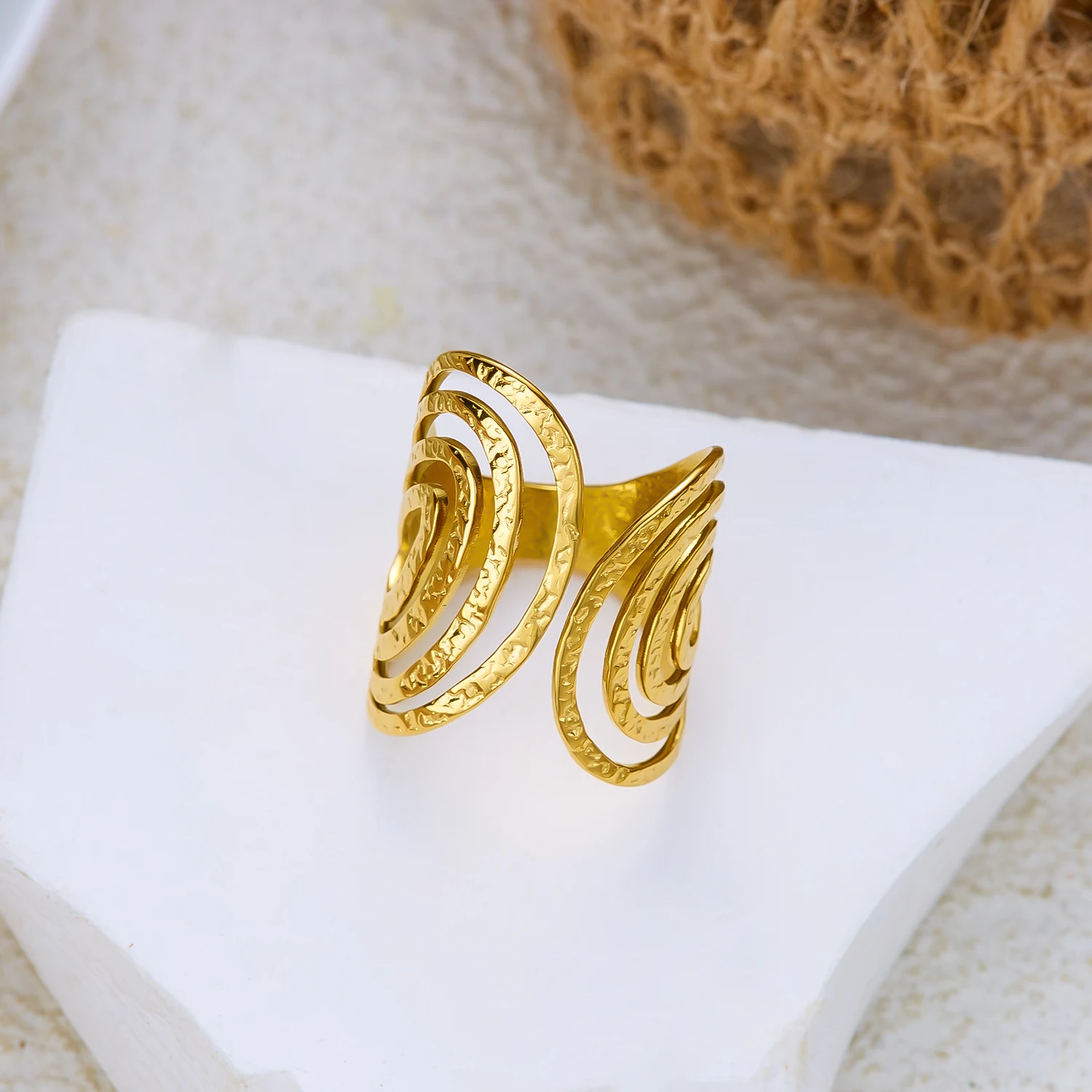 Edelstahlring mit übertriebener geometrischer Form für Damen, Metallstruktur, Sonnenblumen-Fingerring, wasserdicht, antioxidativ, Schmuckgeschenk – Detail 6