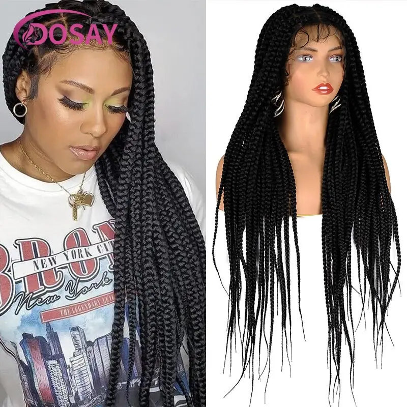 Synthetic Large Box Braided Wigs Jumbo Knotless Full Lace Front Wigs For Black Women Jumbo Tribal Braids Faux Locs Cornrows Wig