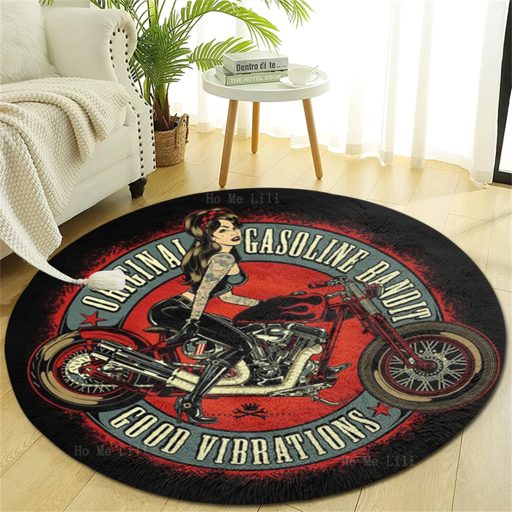 Skull Biker Art Sexy Pin Up Girl With Motocross Gasoline Motorbike Vintage Badge Design Round Carpet