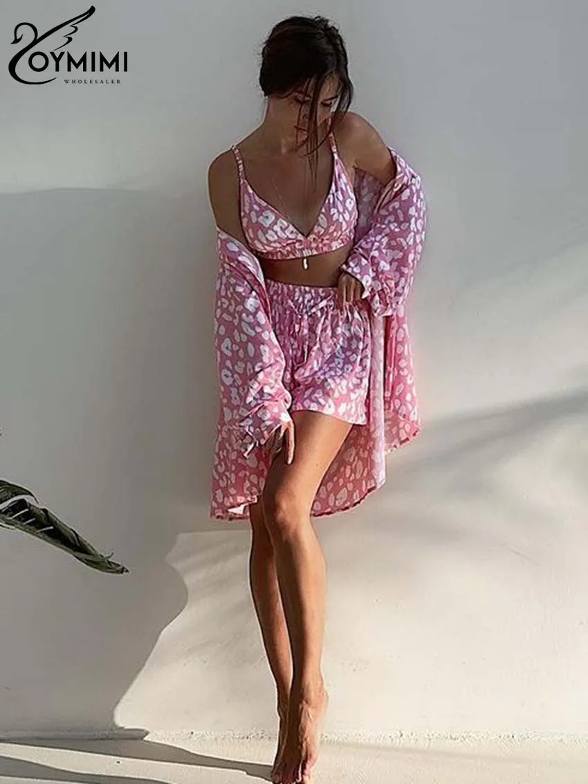 Oymimi Casual Pink Print Sets For Women 3 Pieces Elegant Lapel Long Sleeve Button Shirts And Slip Bra + Drawstring Shorts Sets