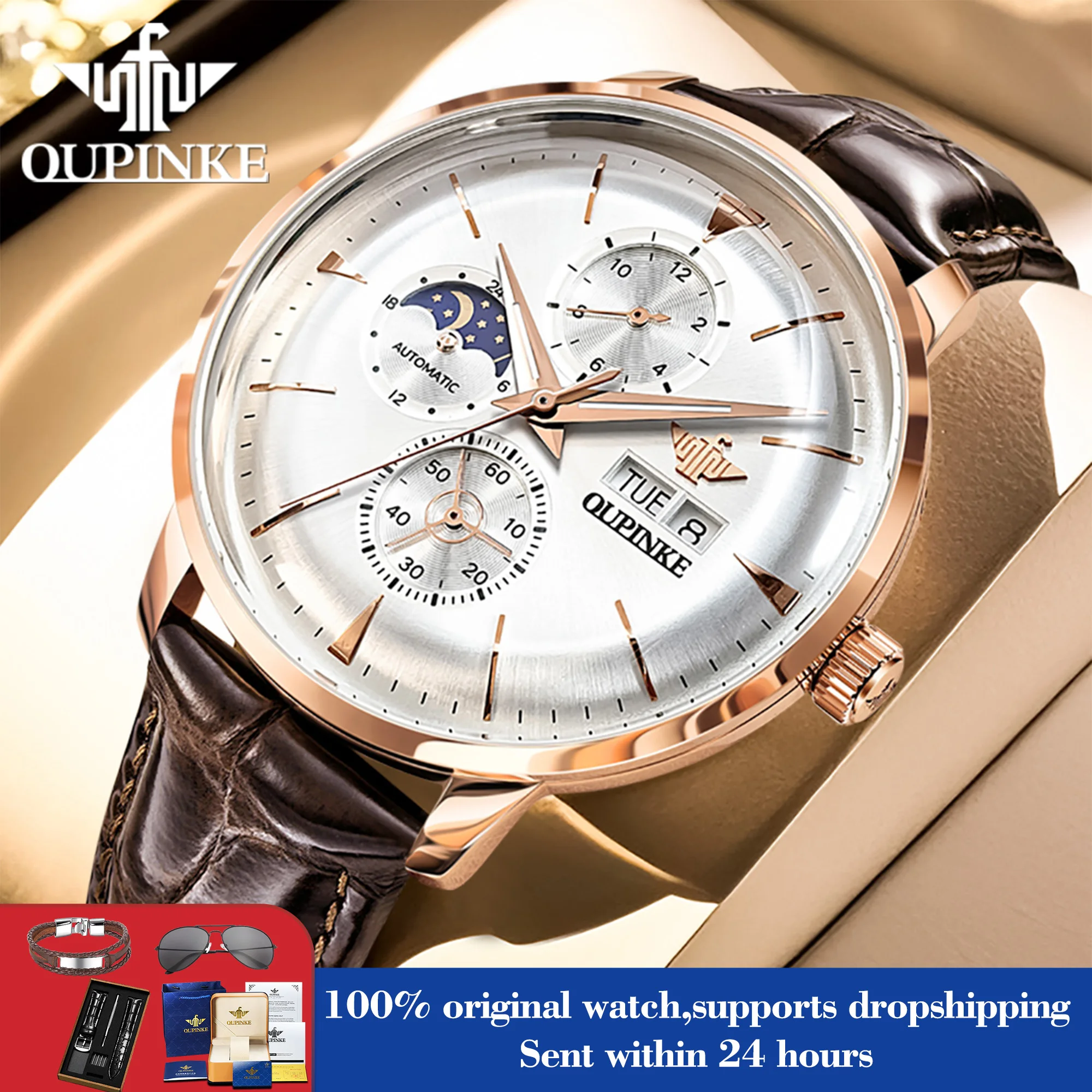 

OUPINKE 3309 Watch For Men Fashion Original Moon Phase Mechanical Wristwatch Week Date Deep Waterproof Automatic Man Watches