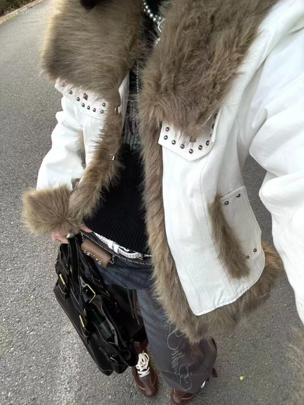 Fur Collar Patchwork American Vintage Coat Warm Thicked Casual All-match Jacket Slim Spice Girls High Street Soft Outwear