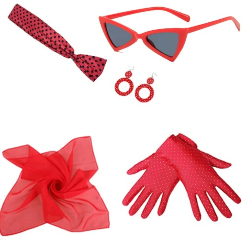 PESENAR Akcesoria do kostiumów w stylu lat 50.: Grochy, czerwone akcenty i styl vintage, idealne na nostalgiczne imprezy tematyczne.