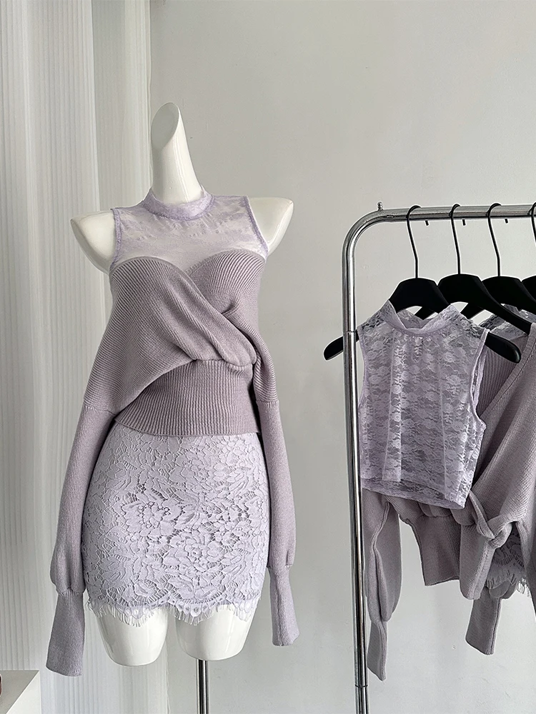 Women's Light Purple 3 Piece Suit Vintage Long Sleeve Sweater and A-Line Mini Lace Skirt Harajuku Y2k Skirt Sets 2000s Clothes